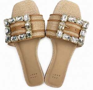 A New Day Beige Rhinestone Buckle Slide Sandals Women’s US 6 Raffia Glam New